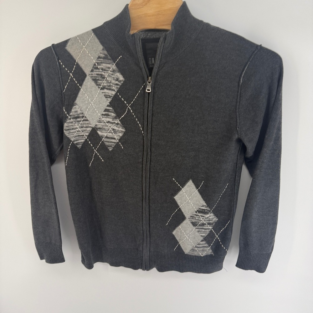 BKE Men Argyle Full Zip Cardigan Sweater Charcoal Gray Slim Fit Large